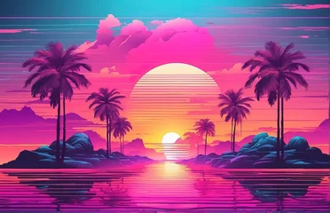 Foto op Plexiglas Roze Synthwave retro style neon landscape background