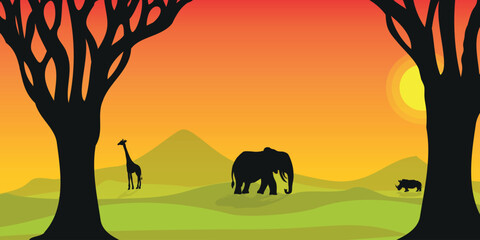 African landscape with animals, vector banner or background. Tropical African nature