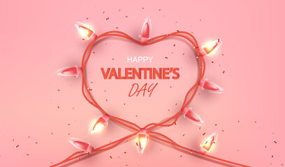 Happy Valentine's Day pink card. Vector illustration with top view on wire frames made from garlands in the shape hearts holiday background. Greeting love card.
