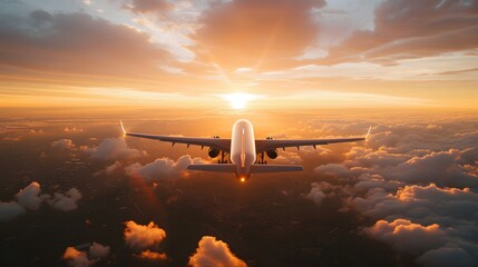 An airplane flying above the clouds in front of an exceptional sunset - obrazy, fototapety, plakaty