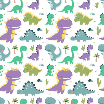 Seamless vector pattern. Cute dinosaurs in bright colors. Illustrations in a simple children's style. White background . Vector illustration