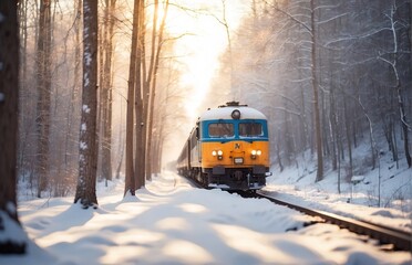 Fototapeta na wymiar Train passing through forest on bright snow forest