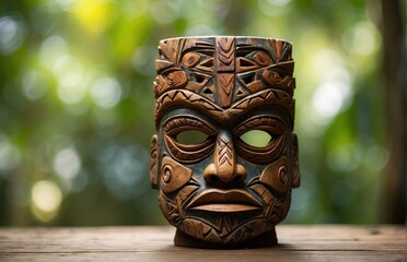 Wooden tiki mask of some tribu in the middle of a Tropical Forest
