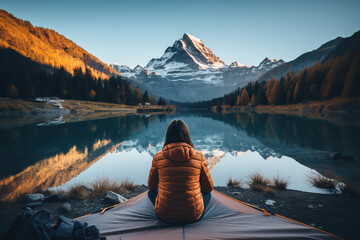 The girl sits and looks at the mountains and lake alone. Generated by artificial intelligence - obrazy, fototapety, plakaty