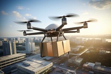 Emergency drone delivery securely transports medicaments to hospitals. Ambulance Courier aid doctors with medical supplies. Warehouse to delivery point air mobility delivery aerospace medical logistic - obrazy, fototapety, plakaty
