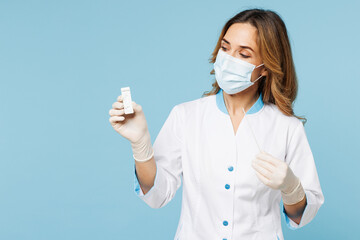Female doctor woman wears white medical gown suit work in hospital clinic office do coronavirus...