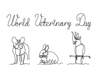 International Veterinarian Day. Dog,rabbit,parrot and inscription.continuous one line art hand drawing sketch