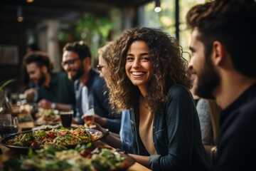 Fototapeta premium Excited diverse coworkers gathered around a table, enjoying a potluck lunch in the office, Generative AI