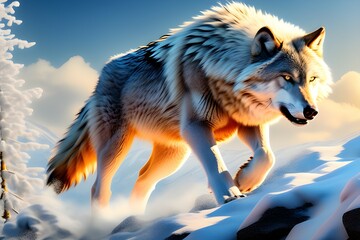 a wolf climbing a snowy mountain. Generative AI