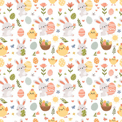 Seamless vector pattern for the holiday of bright Easter. Cute Easter bunnies, chickens, eggs, flowers and butterflies. Vector illustration