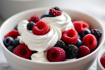 A bowl of fresh mixed berries with a dollop of whipped cream