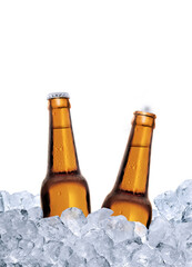 Beer bottle with water drops of cold beverage on ice, transparent background