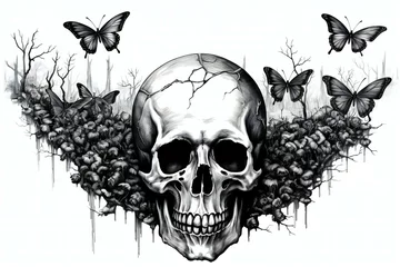 Foto op Plexiglas Grunge vlinders Skull and butterflies, grunge illustration, black and white image