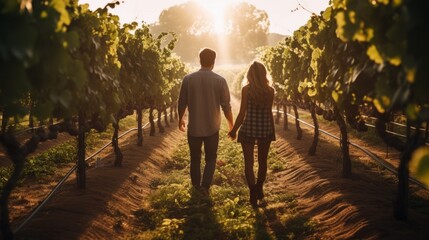 Rear view of a couple strolling through a grape plantation at sunset. Autumn harvest, winery, date...