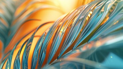 Extreme close-up of a sunlit palm frond, its flowing form dancing with frosty touches: hot and cold in tropical elegance.