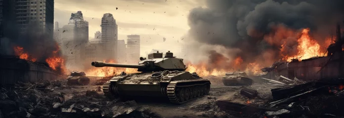  Tanks navigate through the war-torn landscape, with flames from a grenade burning in the background. © Murda