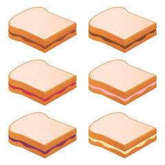Spread jam on bread vector illustration. White sliced ​​bread. Delicious toast. Bakery elements. Chocolate, strawberry, peanut and other flavors.