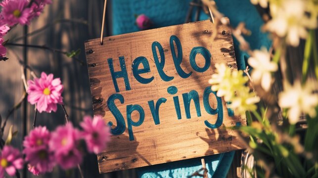 Photo of text "Hello Spring" written with marker on wooden board, generative AI