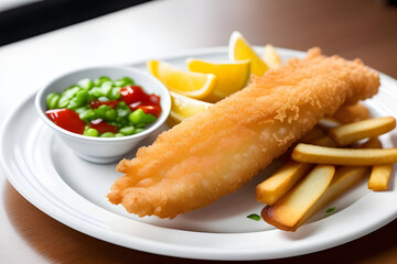 A plate of crispy fish and chips with tartar sauce