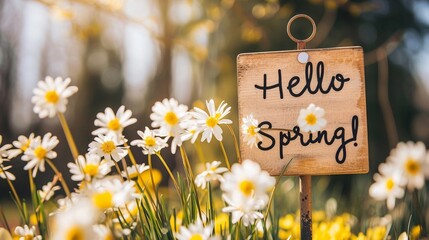 Photo of text "Hello Spring" written with marker on wooden board, generative AI