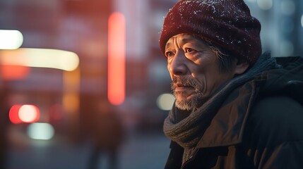 遠くを見つめるホームレスの男性　AI生成画像
