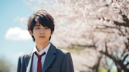 桜の花の下、真面目に前を向く男子生徒　AI生成画像