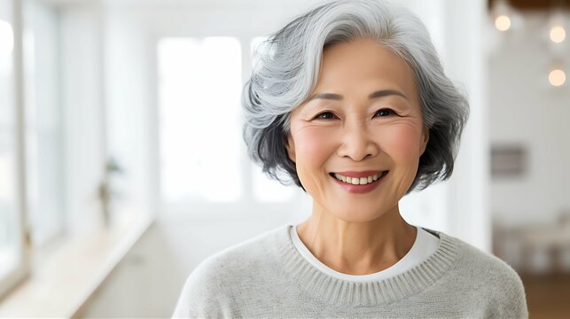 白い歯を見せて微笑むシニア女性　AI生成画像