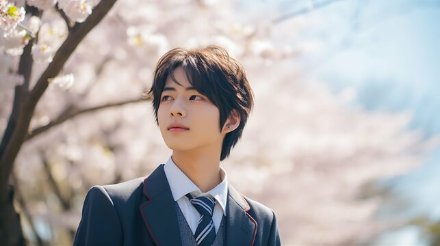 桜の花の下、真面目に前を向く男子生徒　AI生成画像