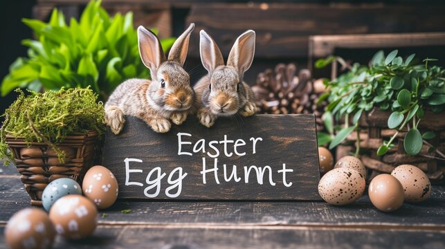Photo of the text "Easter Egg Hunt" written on a board side by side with rabbits and easter eggs, generative AI