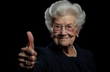 Elderly woman expressing approval with a thumbs up against a plain black background, age acceptance image