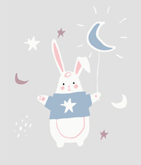 Cute baby bunny with moon in Scandinavian style for nursery, Easter, cards. Naive simple vector hand drawing.