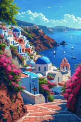 Blossoming Beauty of Santorini, Whitewashed Charm Meets the Aegean Blue - obrazy, fototapety, plakaty