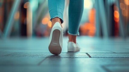 Fototapeta premium Close-up portrait of a woman's feet walking wearing casual shoes, generative AI