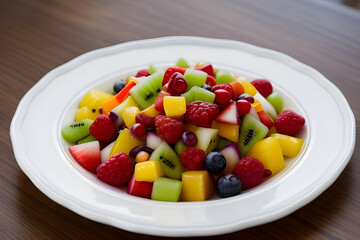 A plate of colorful fruit salad with a drizzle of honey
