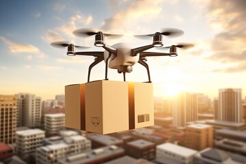 Naklejka na ściany i meble Technology drone firmware, enabling green mobility in drone transport. Eco friendly drone delivery solutions enable shipping experience. Door to door delivery smart tech remote piloting parcel drones.
