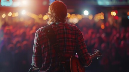 Back view portrait of a male guitarist performing on stage facing a cheering audience, generative AI - obrazy, fototapety, plakaty