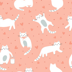 Pink romantic cats pattern for cute Valentines day background, card, wrap paper. Vector love, hearts print