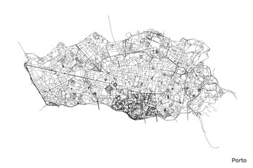 Porto city map with roads and streets, Portugal. Vector outline illustration. - obrazy, fototapety, plakaty