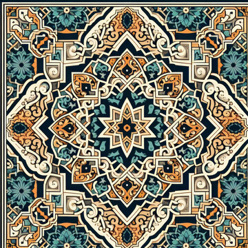 Islamic style geometric mosaic in a Moroccan style pattern, decorative zellige tiles, generative ai