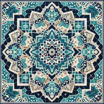 Islamic style geometric mosaic in a Moroccan style pattern, decorative zellige tiles, generative ai