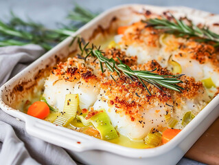 Cod gratin with leeks and carrots.