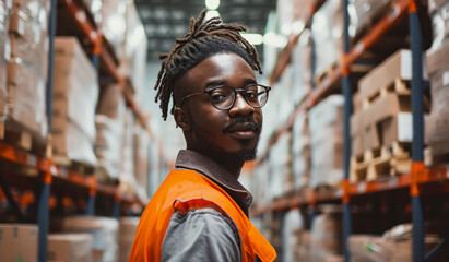 Warehouse, business and man employee and manager checking with smile for courier service, delivery or exports. Confident, successful and hard working male at factory for parcels or inventory - obrazy, fototapety, plakaty