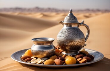 Silver Arabic Jug With Glass, Dry Fruits On Plate Against Sand Dune - obrazy, fototapety, plakaty