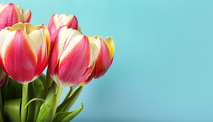 Beautiful bouquet of tulip flowers on colored background, closeup