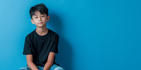 teenage boy in black t-shirt on a blue background