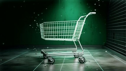 White modern supermarket shopping cart trolley on smooth green wall background - Powered by Adobe