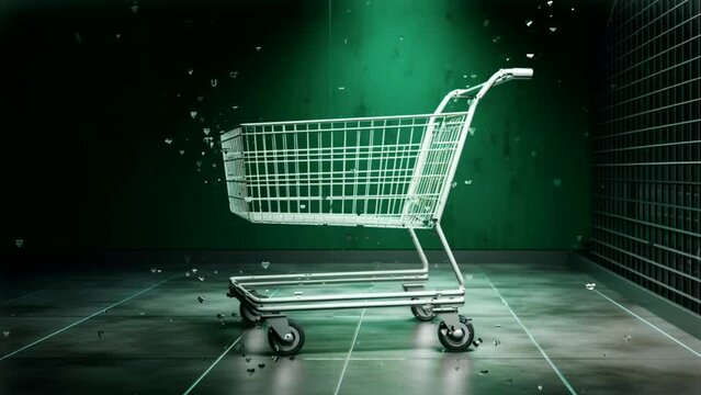 White modern supermarket shopping cart trolley on smooth green wall background