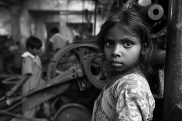 Fototapeta na wymiar Portrait of an Asian girl at work. Child labor. Black and white photo
