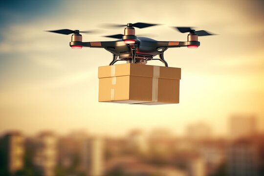 Same day delivery autonomous flight package drone UAS or UAVs. Data analytic tracking, electronic inventory tracking, efficient fulfillment. Innovations in packaging increase delivery experience.