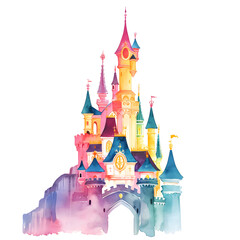 Fototapeta premium Enchanting Fairy Tale Castle. Watercolor Painting with Vibrant Colors and a Rainbow Palette, Create a Dreamy, Magical, Imaginary, and Whimsical Fantasy World. Vivid Landscape in Artistic Illustration.